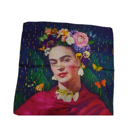70x70 cm-es sötétzöld festményes selyem sál, kendő - Frida Kahlo - ÚJ