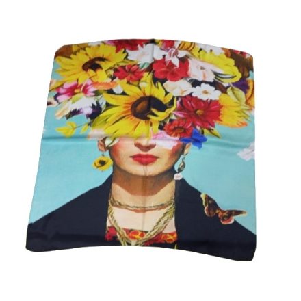 70x70 cm-es türkiz festményes virágos selyem sál, kendő - Frida Kahlo - ÚJ