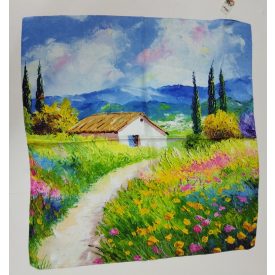   70x70 cm-es festményes selyem sál, kendő, tájképes, házas - ÚJ