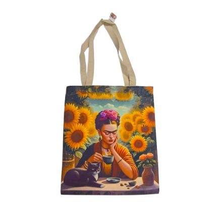 Festményes napraforgós erős vászon füles bevásárlótáska, szatyor - Frida Kahlo - ÚJ 