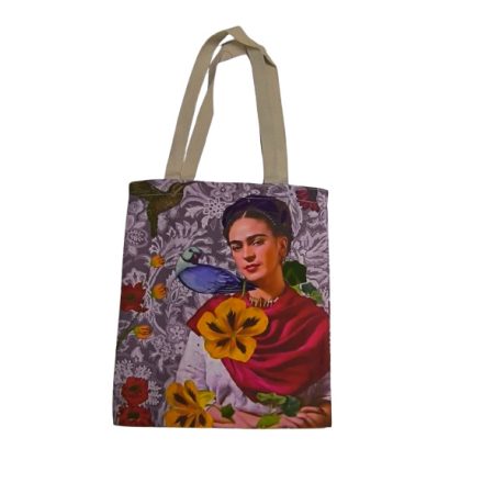 Szürke festményes erős vászon füles bevásárlótáska, szatyor - Frida Kahlo - ÚJ 