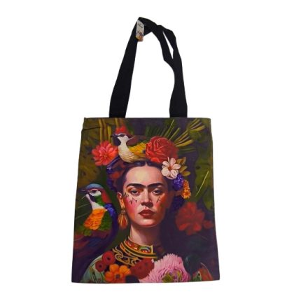 Színes virágos-madaras festményes erős vászon füles bevásárlótáska, szatyor - Frida Kahlo - ÚJ 