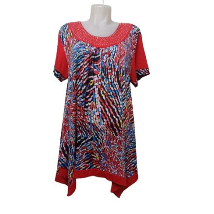 Női nagyméretű piros strasszos mintás tunika jellegű póló, one size, free size, egy méret - Fashion - ÚJ