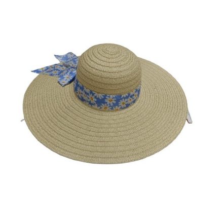 Kb 58 cm-es fejre szalmasárga női szalmakalap kék margarétás szalaggal - ÚJ