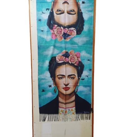 Nagyméretű türkiz kétoldalú festményes sál, kendő - Frida Kahlo - ÚJ