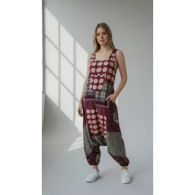   Női bordó pöttyös lenes anyagú könnyű pamut patchwork kertésznadrág, bohém nadrág