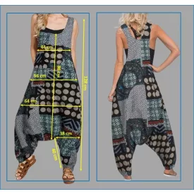   Női fekete pöttyös lenes anyagú könnyű pamut patchwork kertésznadrág, bohém nadrág - ÚJ