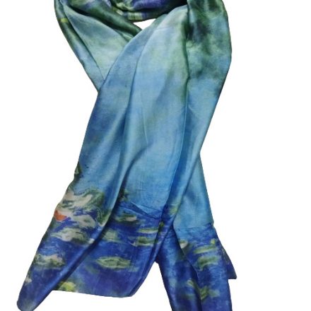 Nagyméretű kék festményes tiszta selyem sál, kendő, stóla - Monet - ÚJ