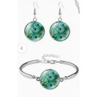 Zöld pávamintás ékszer szett (fülbevaló és karkötő) - ÚJ