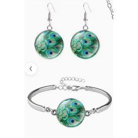   Zöld pávamintás ékszer szett (fülbevaló és karkötő) - ÚJ