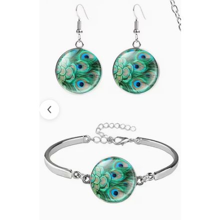 Zöld pávamintás ékszer szett (fülbevaló és karkötő) - ÚJ
