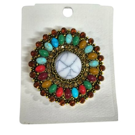 Többszínű mandalás bross, kitűző, fehér közepű, piros szélű - ÚJ