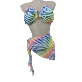 Női XXL-es 3 részes színes csíkos bikini - ÚJ