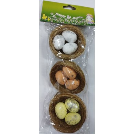 Húsvéti dekoráció - színes tojások fészekben (fehér, narancs, sárga) - ÚJ