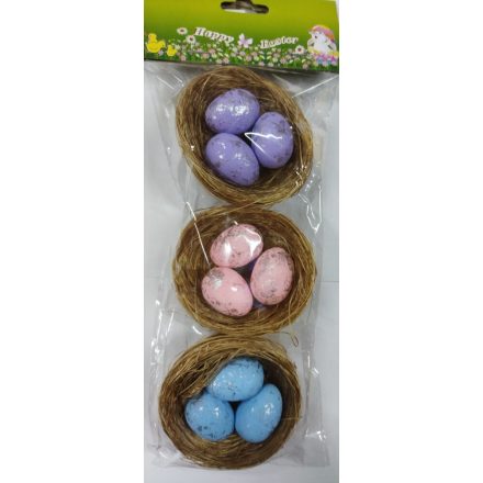 Húsvéti dekoráció - színes tojások fészekben (lila, rózsaszín, kék) - ÚJ