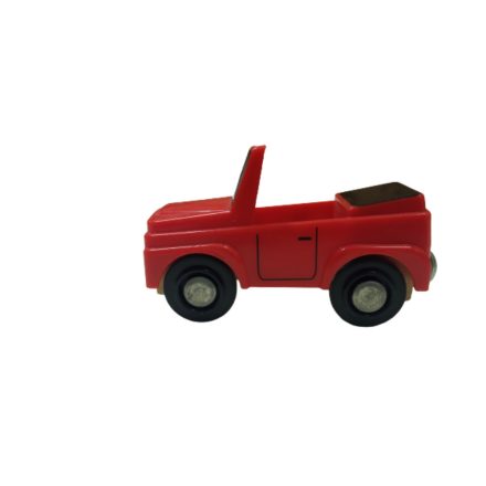Piros fa-műanyag autó, fa sínkészletekhez való