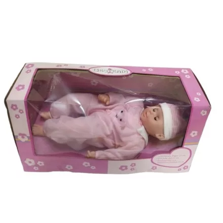 53 cm-es rózsaszín ruhás alvós baba dobozában
