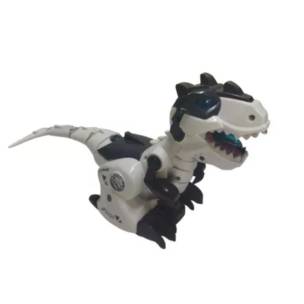 Fehér-fekete robot dínó figura, 28 cm-es, elemes (beszélő, fényt és hangot adó)