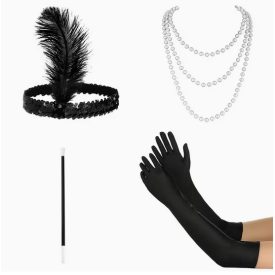   Charleston szett - tollas fejdísz, fekete kesztyű, gyöngy nyaklánc, szipka - ÚJ