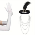 Charleston szett - tollas fejdísz, fehér kesztyű, gyöngy nyaklánc - ÚJ