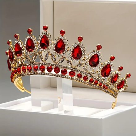 Királynő korona, tiara, arany, bordó köves, jelmezkiegészítő - ÚJ 