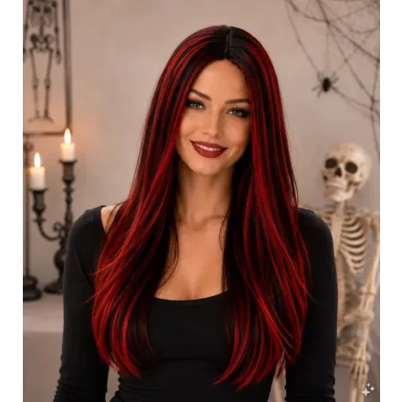 Fekete-piros hosszú paróka, jelmezkiegészítő - Halloween - ÚJ