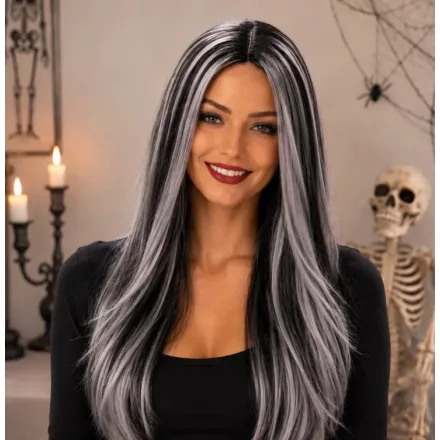 Fekete-ősz hosszú paróka, jelmezkiegészítő - Halloween - ÚJ