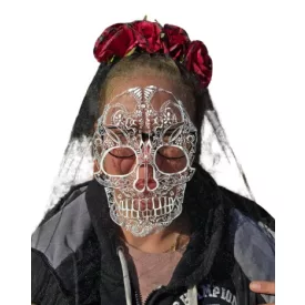   Fekete csontváz mintájú, pink virágos tüllös fejdísz, fátyol hajráfon - Halloween - ÚJ