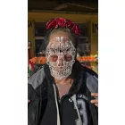Fekete csontváz mintájú, pink virágos tüllös fejdísz, fátyol hajráfon - Halloween - ÚJ