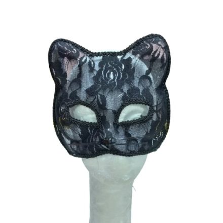 Fekete keményített csipkés szemmaszk, álarc, fekete cica, macska - ÚJ