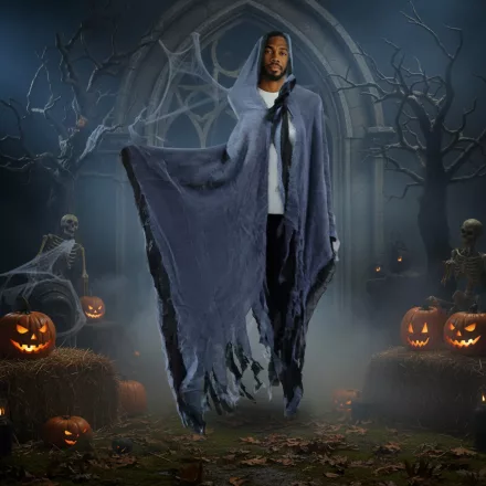 Felnőtt méretű szürke-fekete rongyos, rojtos jelmez (kaszás, halál, stb) - Halloween - ÚJ