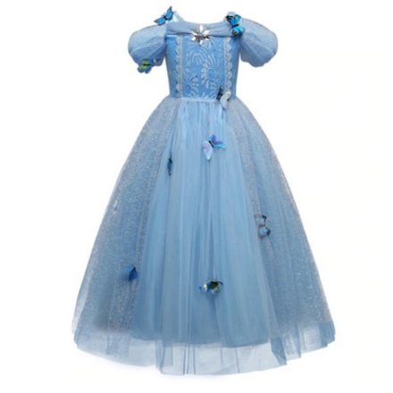 128-134-es kék lepkés rövidujjú jelmezruha, hercegnőruha - Hamupipőke - ÚJ