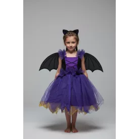   4-6 évesre lila-fekete szárnyas denevérruha fejpánttal - Halloween - ÚJ