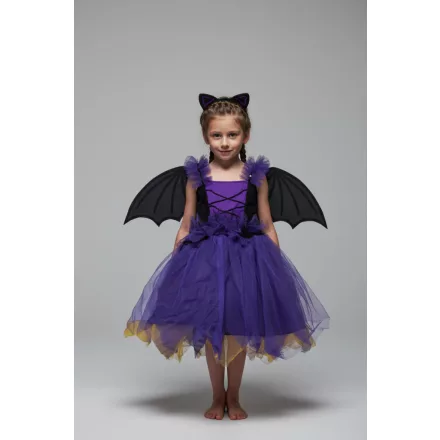 4-6 évesre lila-fekete szárnyas denevérruha fejpánttal - Halloween - ÚJ