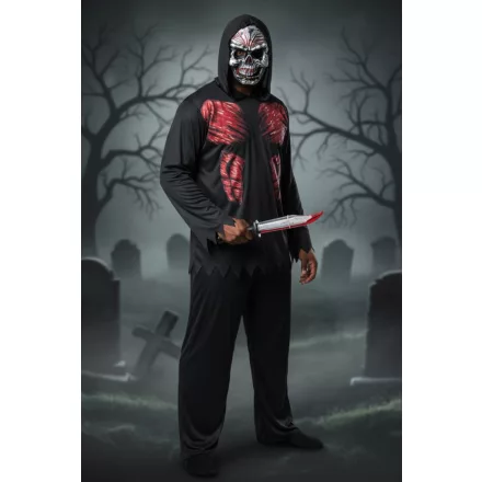 Felnőtt XL méretű csontvázas jelmezszett - jelmezruha, véres kés, maszk (álarc) - Halloween - ÚJ