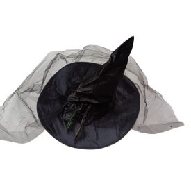   56 cm-es fejre fekete tüllös, virágdíszes, tollas boszorkánykalap - Halloween - ÚJ