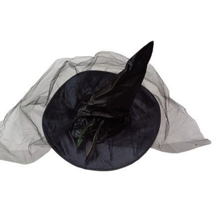 56 cm-es fejre fekete tüllös, virágdíszes, tollas boszorkánykalap - Halloween - ÚJ