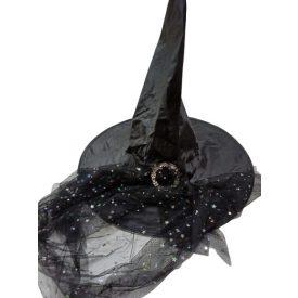   54 cm-es fejre fekete tüllös-csatos boszorkánykalap - Halloween - ÚJ 