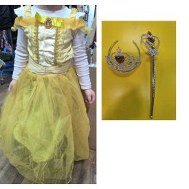   7-8 évesre sárga hercegnőruha, jelmez kiegészítőkkel - Belle - A szépség és a szörnyeteg - ÚJ