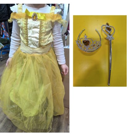 7-8 évesre sárga hercegnőruha, jelmez kiegészítőkkel - Belle - A szépség és a szörnyeteg - ÚJ