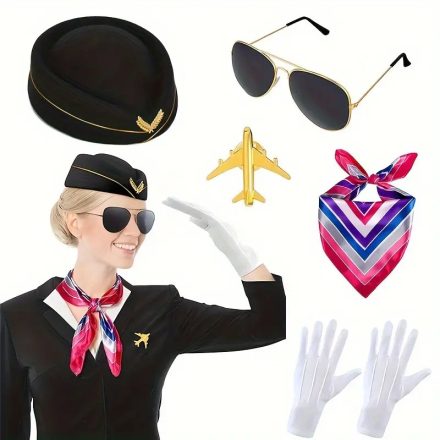Felnőttre vagy nagyobb gyerekre stewardess, légiutaskísérő jelmezkiegészítő szett, fekete - ÚJ