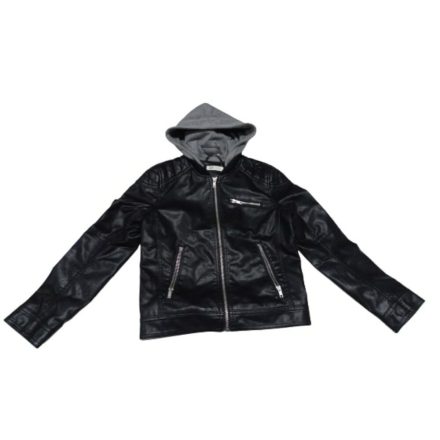 140-es kapucnis fekete bőrhatású dzseki, műbőr kabát fiúnak - H&M