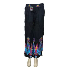  Női 3-4XL-es fekete, alján mintás (pink-kék) könnyű nyári nadrág - ÚJ