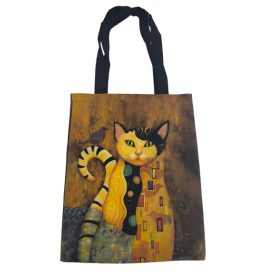   Mustárszínű cicás festményes erős vászon füles bevásárlótáska, szatyor - Gustav Klimt - ÚJ 