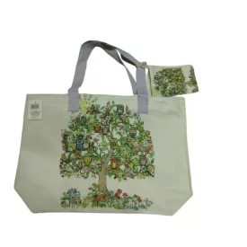   Baglyos vászon lila füles táska, strandtáska pénztárcával (textil szütyővel) - ÚJ 