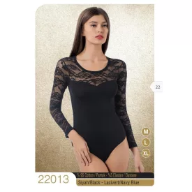   Női fekete, felül csipkebetétes hosszú ujjú body - Mr. Serdo - ÚJ