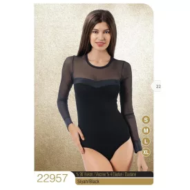  Női fekete, felül tüllös hosszú ujjú body - Mr. Serdo - ÚJ