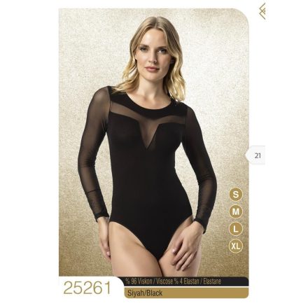 Női M-es fekete, felül tüllbetétes hosszú ujjú body - Mr. Serdo - ÚJ