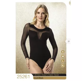   Női fekete, felül tüllbetétes hosszú ujjú body - Mr. Serdo - ÚJ