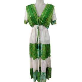 Női L-XL-es zöld-fehér nepáli ruha - Boho Fashion - ÚJ